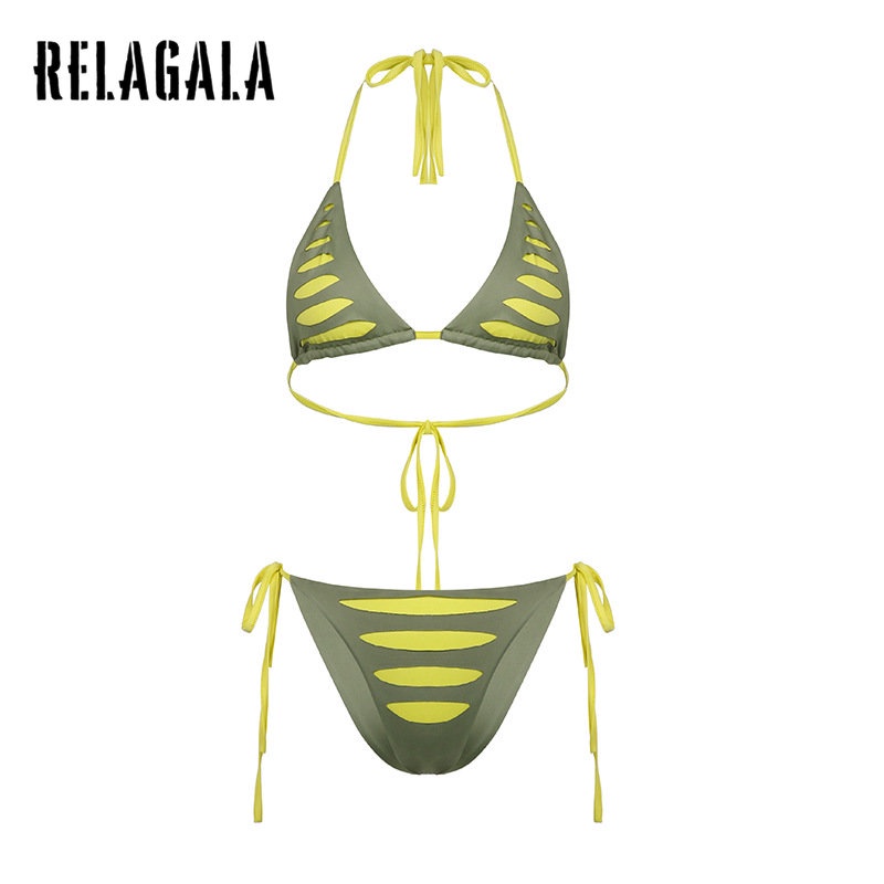 Relagala Bộ Đồ Bơi Bikini Cổ Yếm Hai Lớp Phối Màu Tương Phản Thời Trang Mùa Hè 2023 Mới Quyến Rũ Cho Nữ