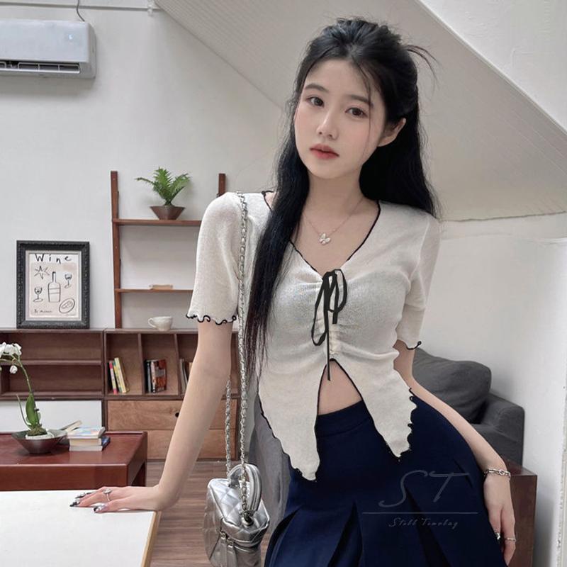 Áo Thun Tay Ngắn Cổ Chữ V Phối Dây Rút Thời Trang CY03 Cho Nữ