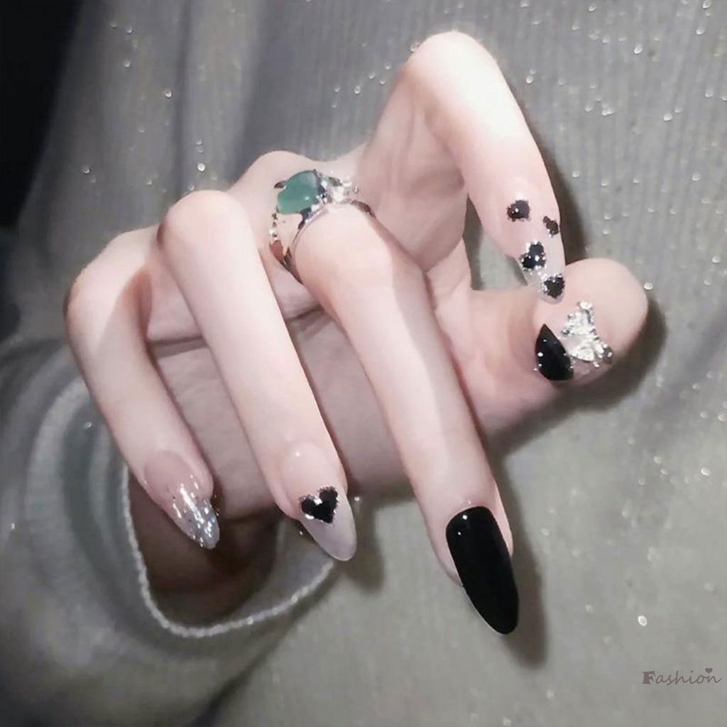 Móng Tay Giả Chống Nhòe Màu Tối Đính Nơ Xinh Xắn