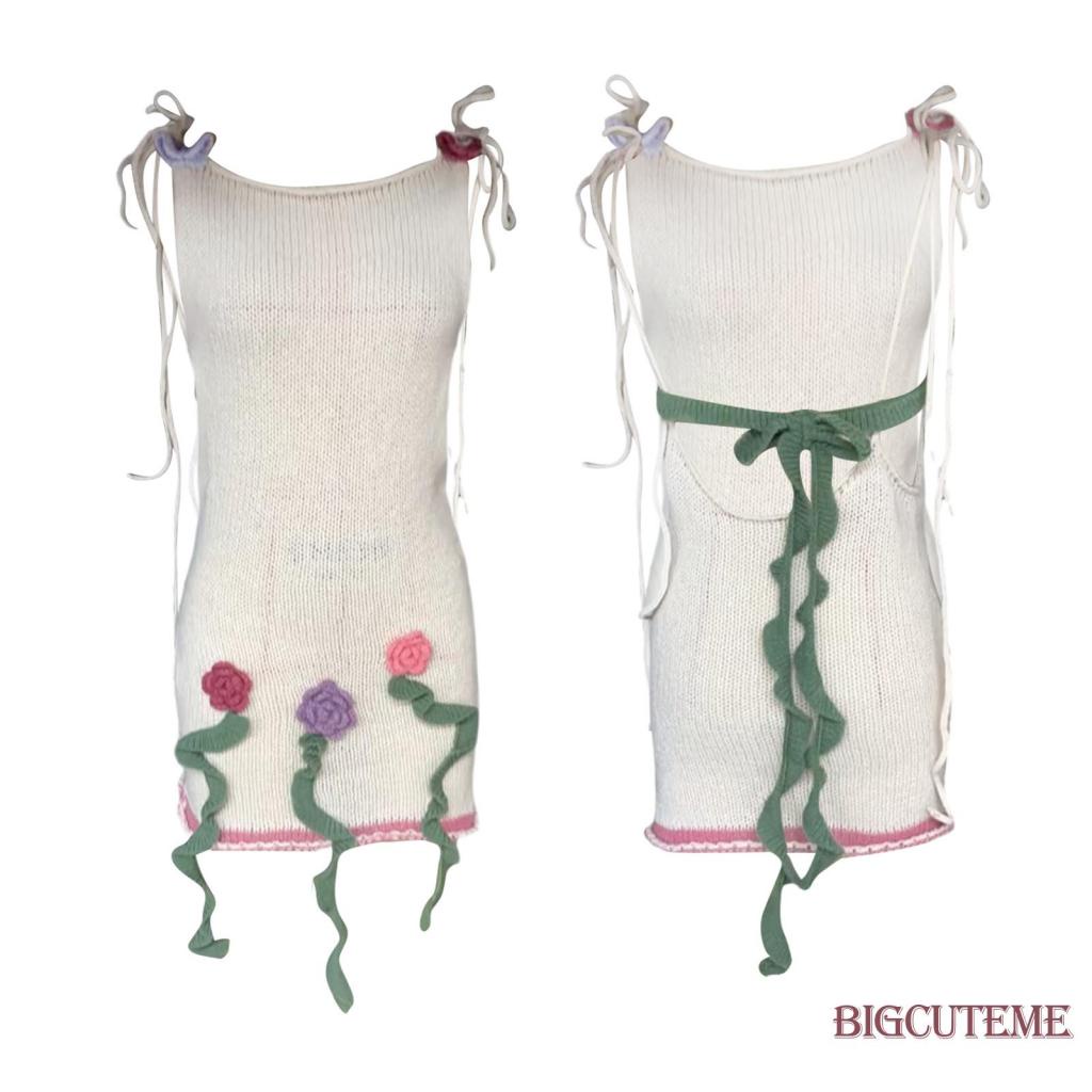 [] [] Đầm Dệt Kim Hai Dây Không Tay Thắt Nơ In Hoa Mùa Hè Cho Nữ