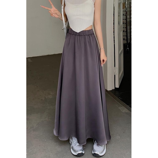 SUXI Chân Váy Satin Dài Lưng Thun Màu Sắc Đơn Giản Phong Cách Hàn Quốc