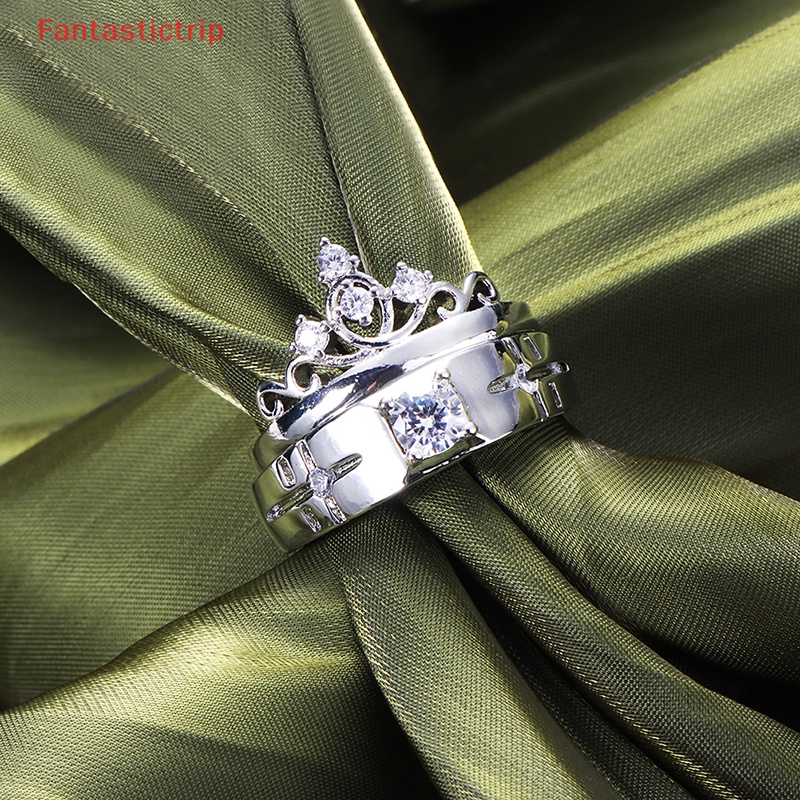 [Fantastictrip] Set 2 Nhẫn Đính Hôn / Nhẫn Đính Đá Pha Lê Hình Vương Miện Có Thể Điều Chỉnh Kích Thước Làm Quà Tặng Ngày