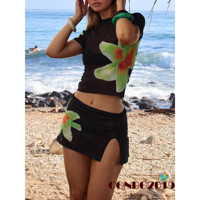 Set Đồ Mùa Hè 2 Món Gồm Áo Thun Lưới Mỏng Tay Cộc In Họa Tiết Hoa + Chân Váy Chữ A Mini Cho Nữ