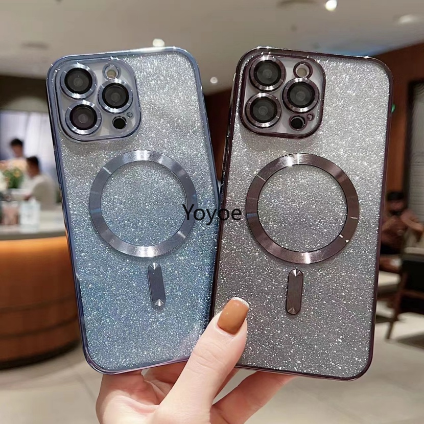 Ốp Điện Thoại Kính Cường Lực Viền Silicon Dẻo Màu Phấn Lấp Lánh Kèm Giá Đỡ Từ Tính Cho iPhone 14 Plus 13 12 11 Pro Max