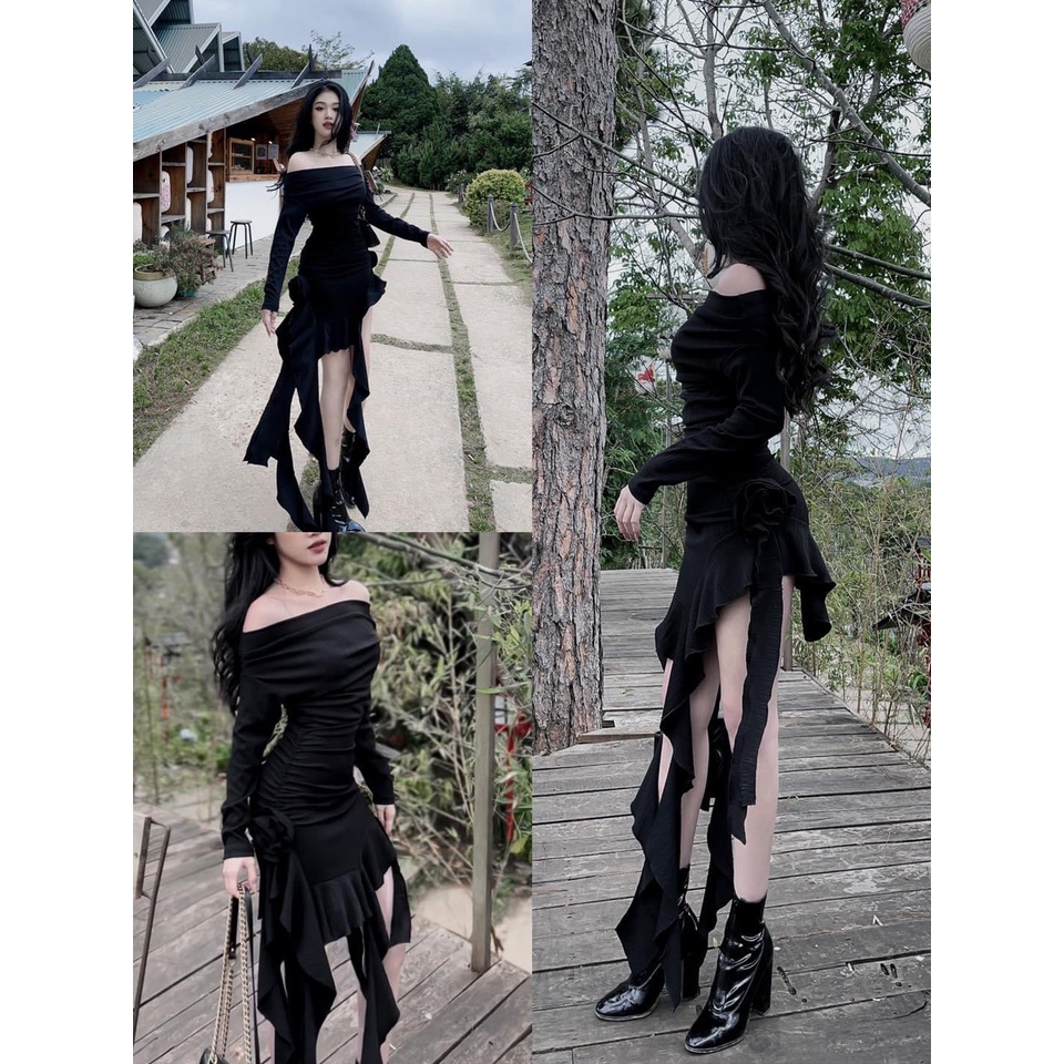 Đầm Dự Tiệc Trễ Vai Body Tua Rua Phong Cách Quyến Rũ Sexy 3 Màu Trắng Đen Nude - M0762