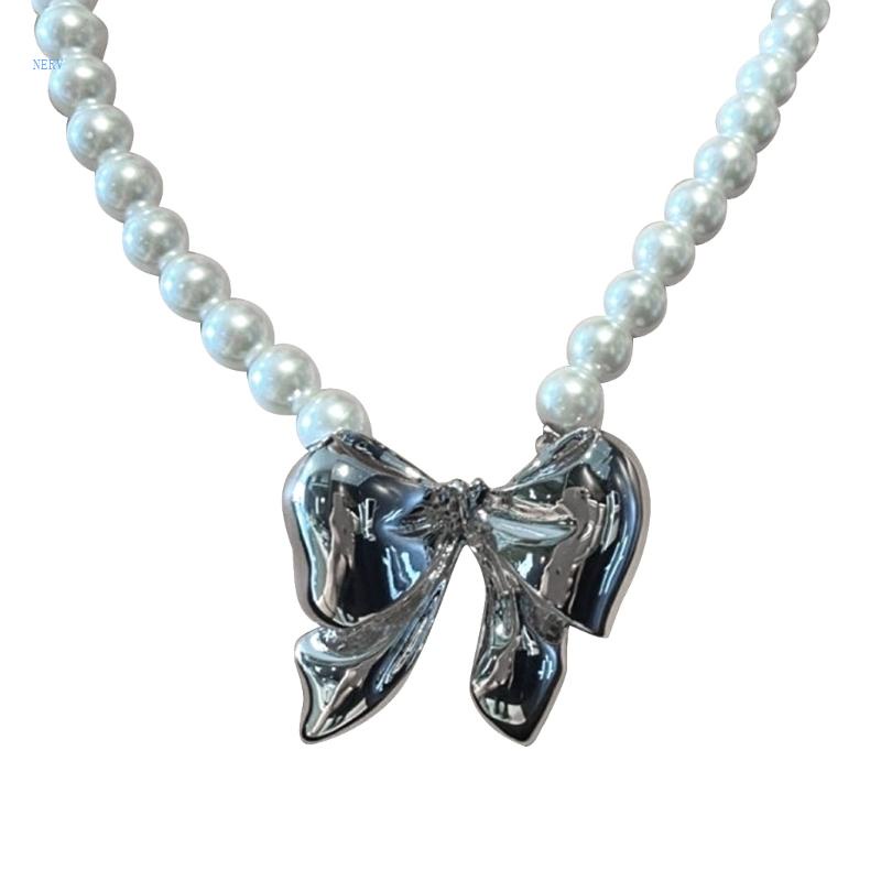 Vòng cổ Mặt Nơ Đính Ngọc Trai Nhân Tạo Thời Trang Dành Cho Nữ Nerf Y2K