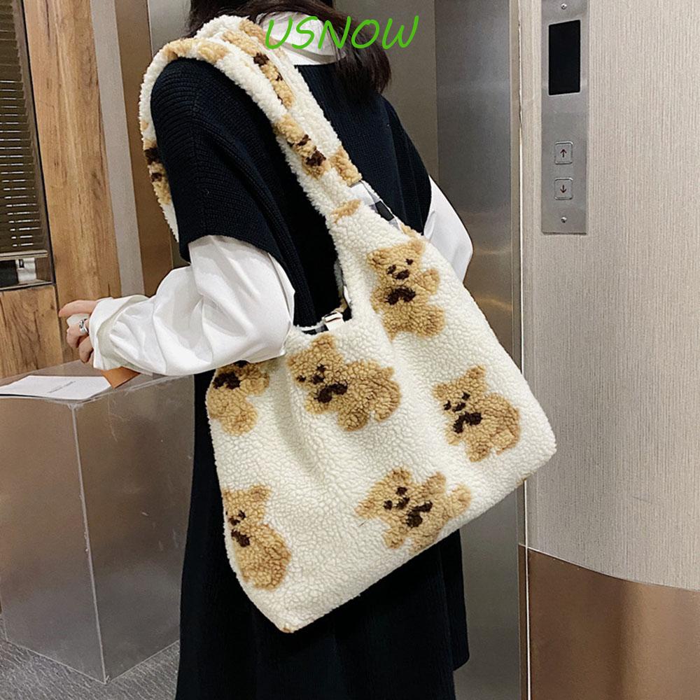 Túi Tote Đeo Vai Bằng Vải Bạt Phối Lông Cừu Dễ Thương Có 3 Màu Cho Nữ