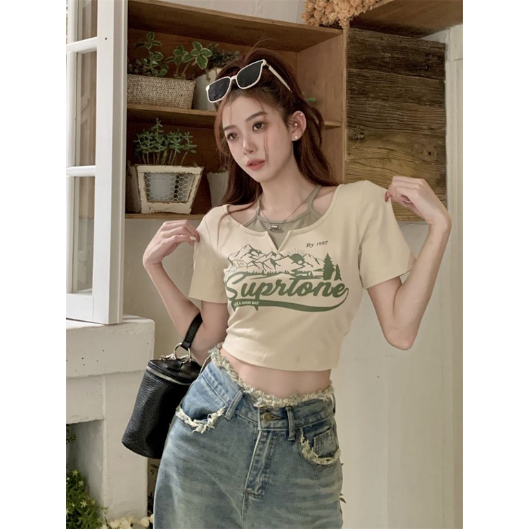 Áo baby tee Thun croptop Tay Ngắn Giả Hai Lớp Phong Cách Retro Mỹ Thời Trang Mùa Hè Cho Nữ