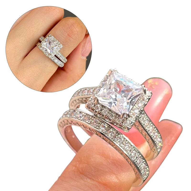 Bộ Nhẫn Đính Hôn Đính Đá Zircon Hình Vuông Phong Cách Công Chúa Sang Trọng Dành Cho Nữ