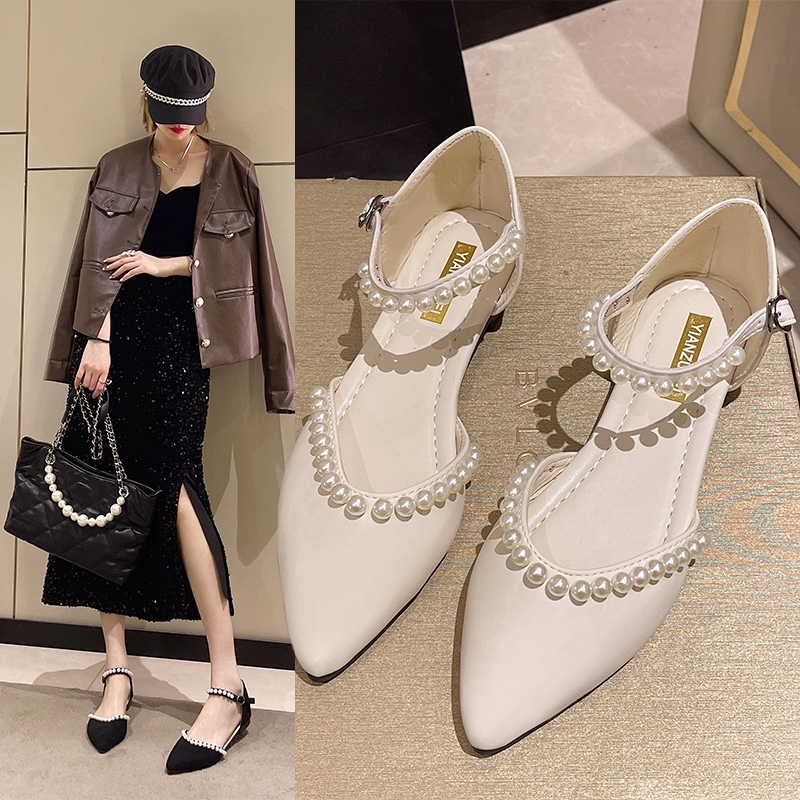 Sandal Mũi Nhọn Đế Bằng Đính Ngọc Trai Phong Cách Thời Trang Mới Dành Cho Nữ