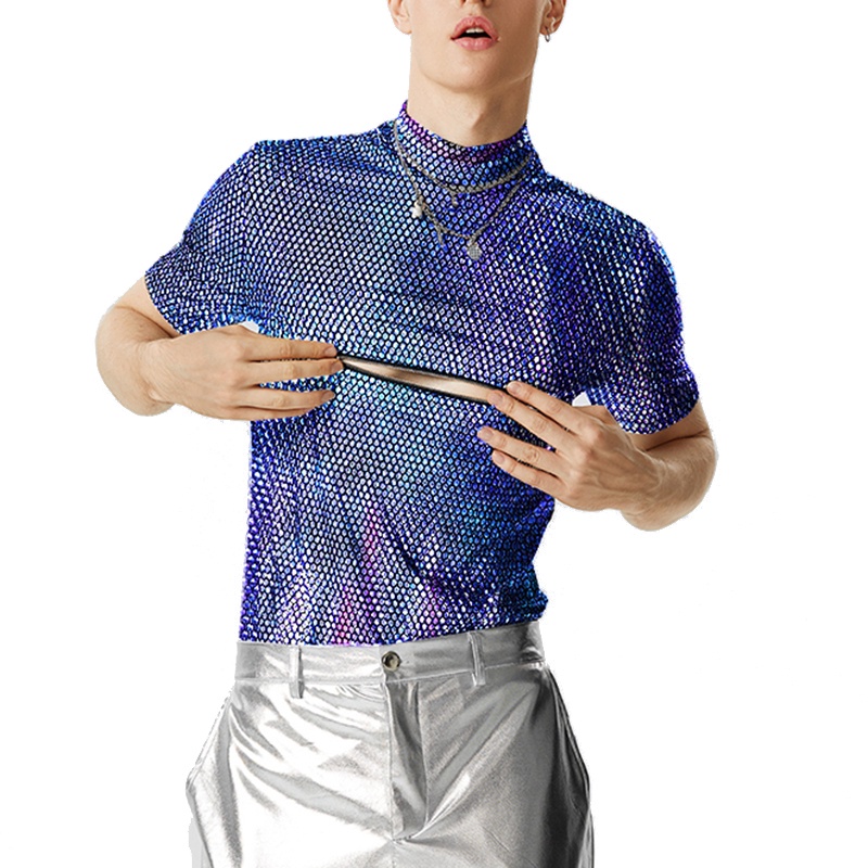 INCERUN Áo Thun Tay Ngắn Cổ Cao Phối Khóa Kéo Thời Trang Cá Tính Cho Nam