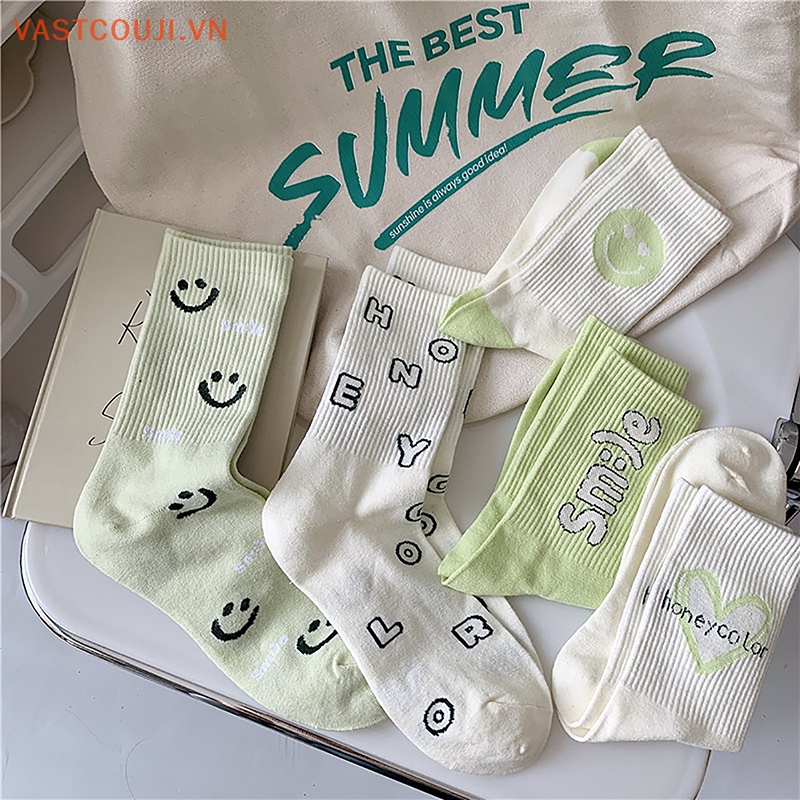 1 Đôi Tất Cotton Thoáng Khí In Hình Mặt Cười Và Chữ Đáng Yêu Cho Nữ