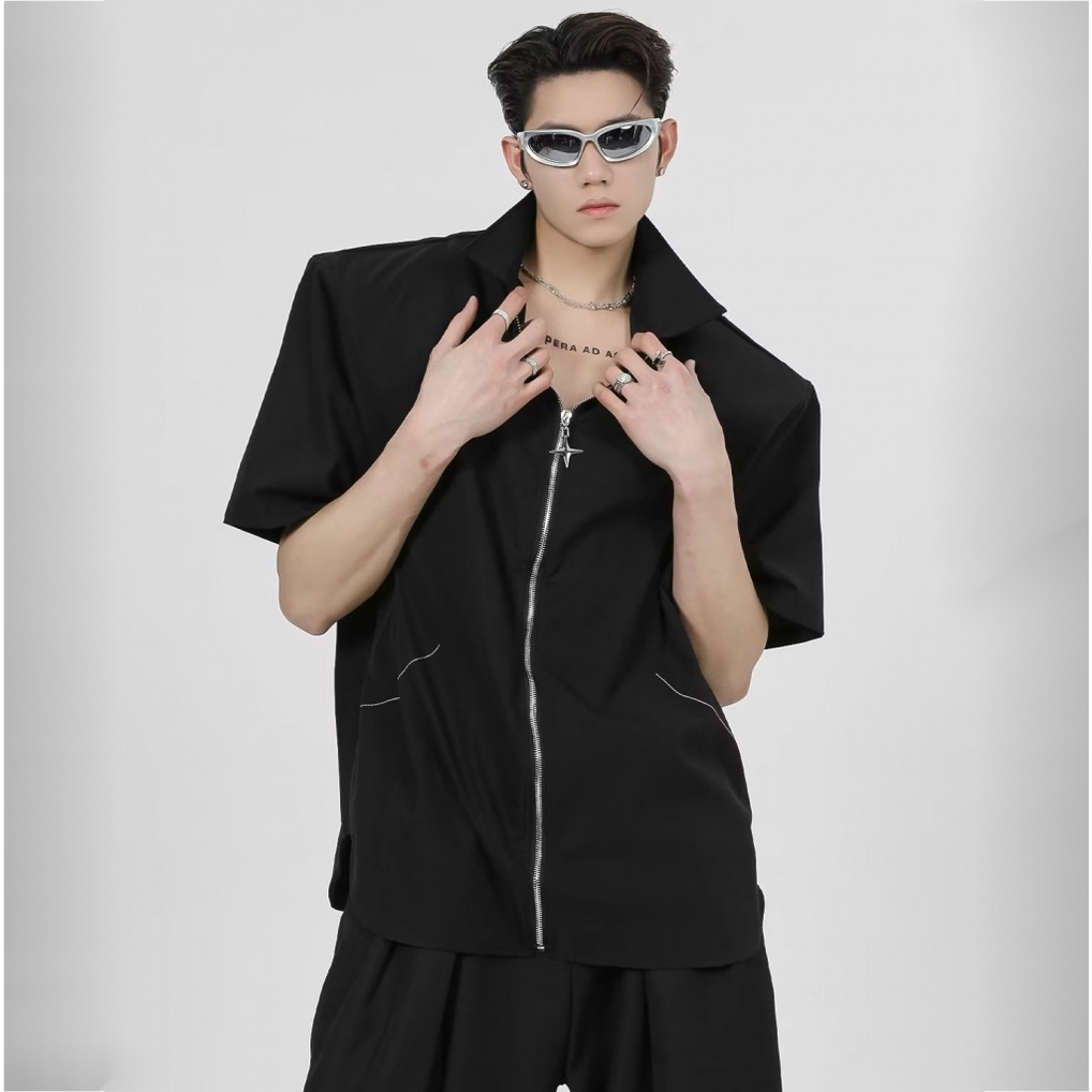 Áo Sơ Mi Tay Ngắn Dáng Rộng Phong Cách Hip Hop Cá Tính Cho Nam