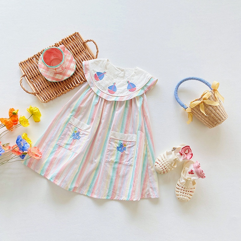 Đầm Sát Nách Thêu Họa Tiết Sọc Màu Sắc Hải Quân Thời Trang Mùa Hè 2023 Cho Bé Gái - 0605