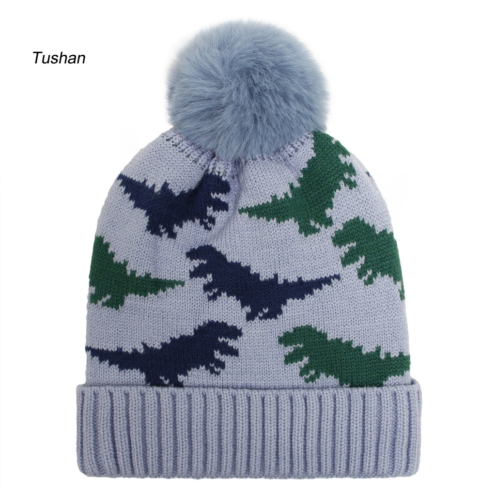 Mũ Beanie Dệt Kim Viền Xoăn Đính Bóng Lông Họa Tiết Khủng Long Hoạt Hình Thời Trang Thu Đông Cho Bé