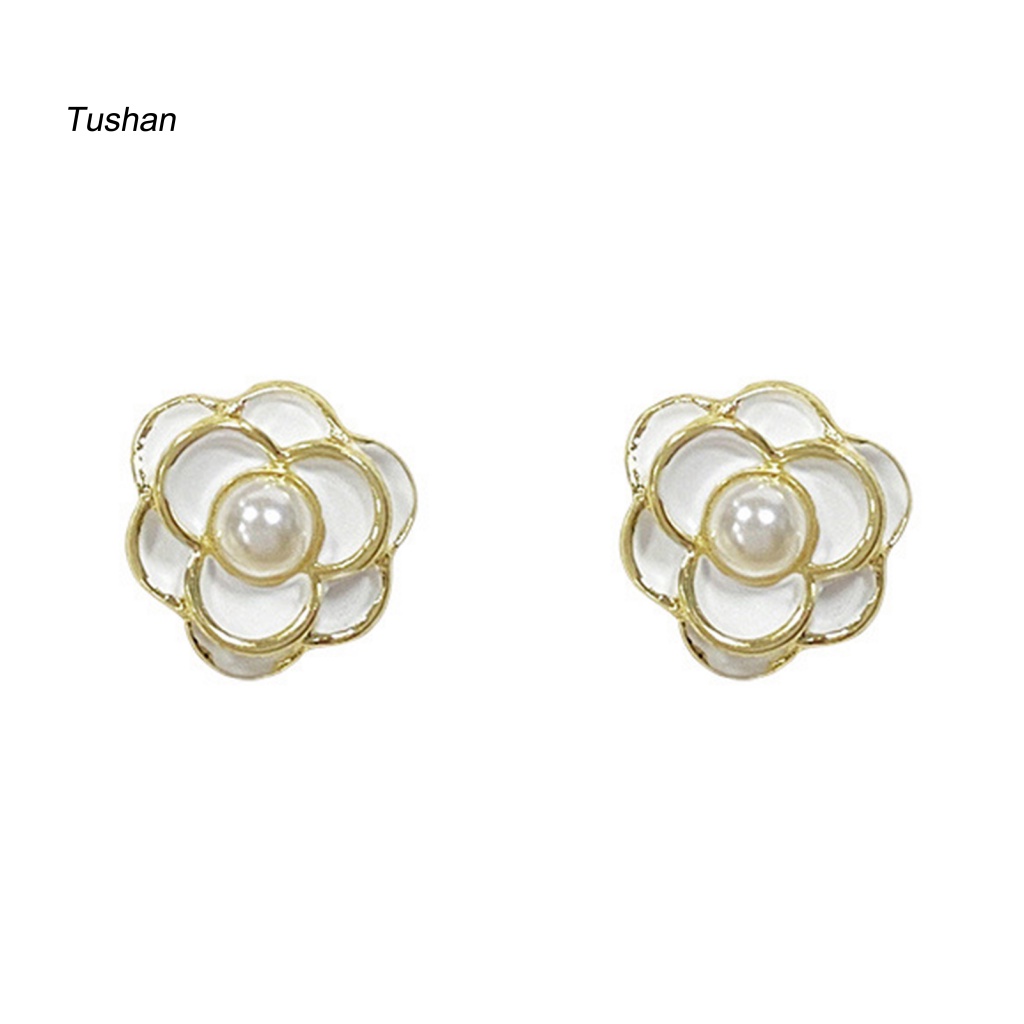 1 Đôi Bông Tai Hình Hoa Trà Đính Ngọc Trai Giả Phong Cách Hàn Quốc Dành Cho Nữ