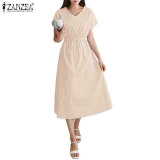 Đầm ZANZEA ngắn tay cổ chữ V họa tiết sọc thời trang dành cho nữ