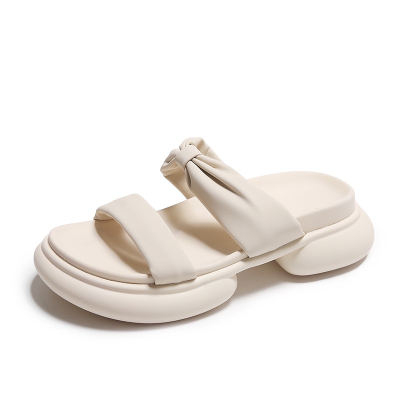 Duoya Tóc Thẳng ~ [Hàng Có Sẵn] Dép Da Mềm Hở Ngón Đế Dày Đính Nơ Màu Hồng Thời Trang Đi Biển Cho Nữ Miễn Phí Vận Chuyển