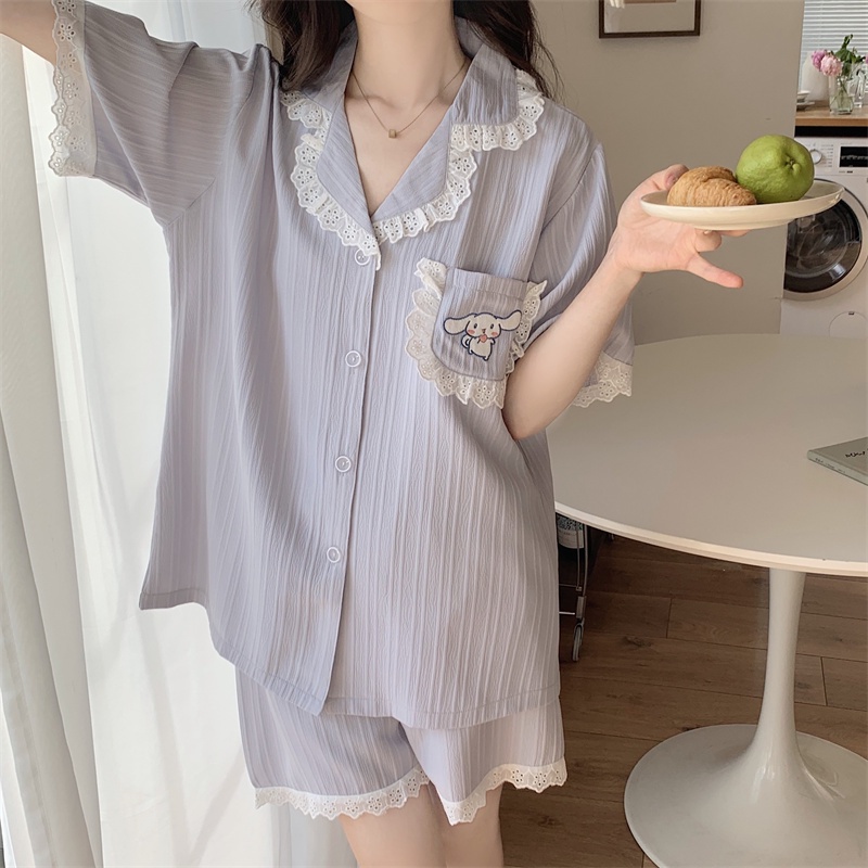 Bộ Đồ Ngủ Chất Liệu Cotton Phối Ren Thêu Họa Tiết Hoạt Hình Phong Cách Hàn Quốc Thời Trang Mùa Hè Cho Nữ