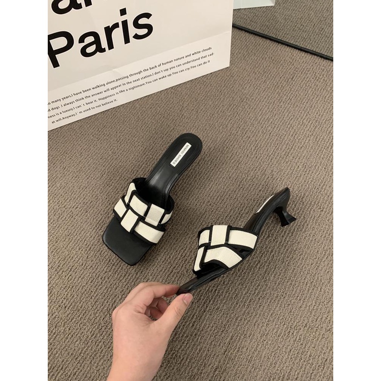 Dép Sandal Cao Gót Mũi Vuông Hở Ngón Quai Dệt Đơn Giản Phong Cách Retro Pháp Cho Nữ