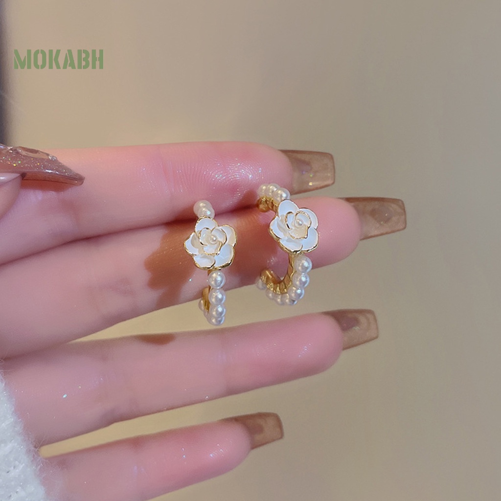 1 Đôi Bông Tai Tròn Đính Hoa Trà Phong Cách Pháp Thanh Lịch Không Phai Màu