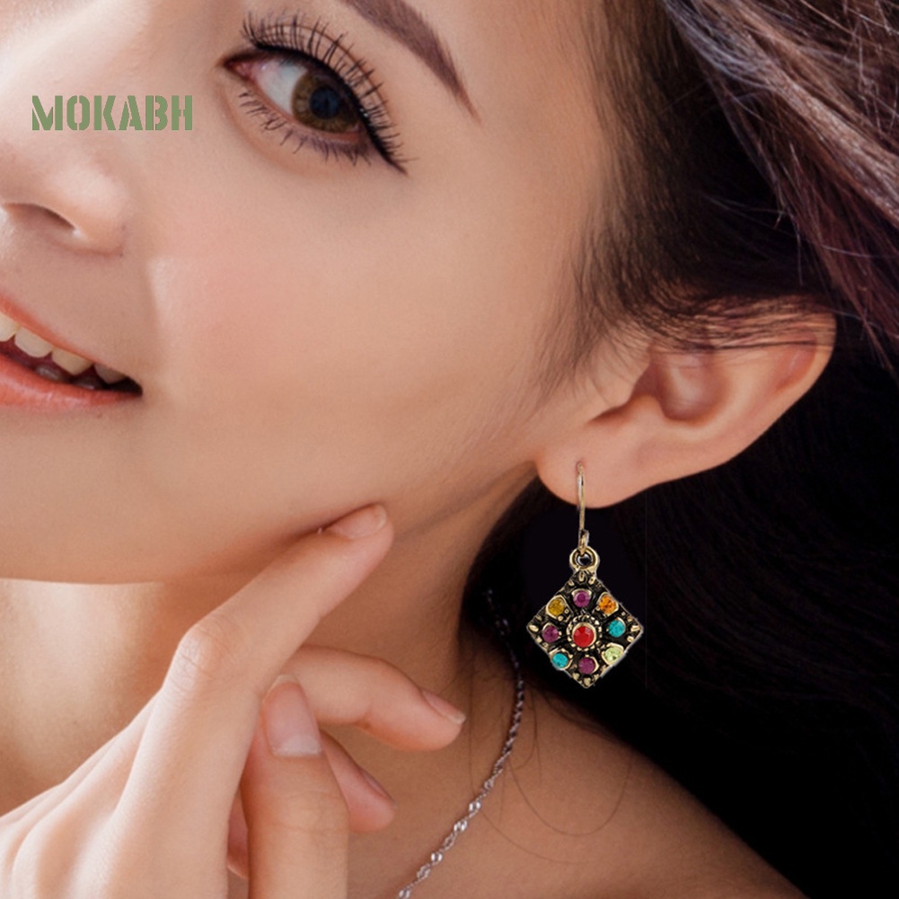Bông Tai Hình Thoi Đính Đá Nhiều Màu Phong Cách Bohemian