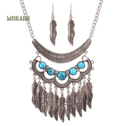 Bộ Trang Sức Gồm Dây Chuyền / Bông Tai / Vòng Cổ Hình Chiếc Lá Phối Tua Rua Phong Cách Vintage Cho Nữ