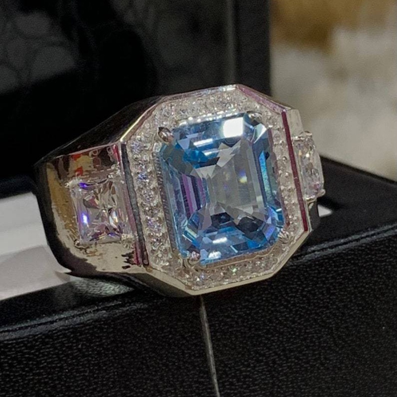 Nhẫn Cưới Thép Titan Đính Kim Cương Pha Lê Xanh Biển Sang Trọng Cho Nam