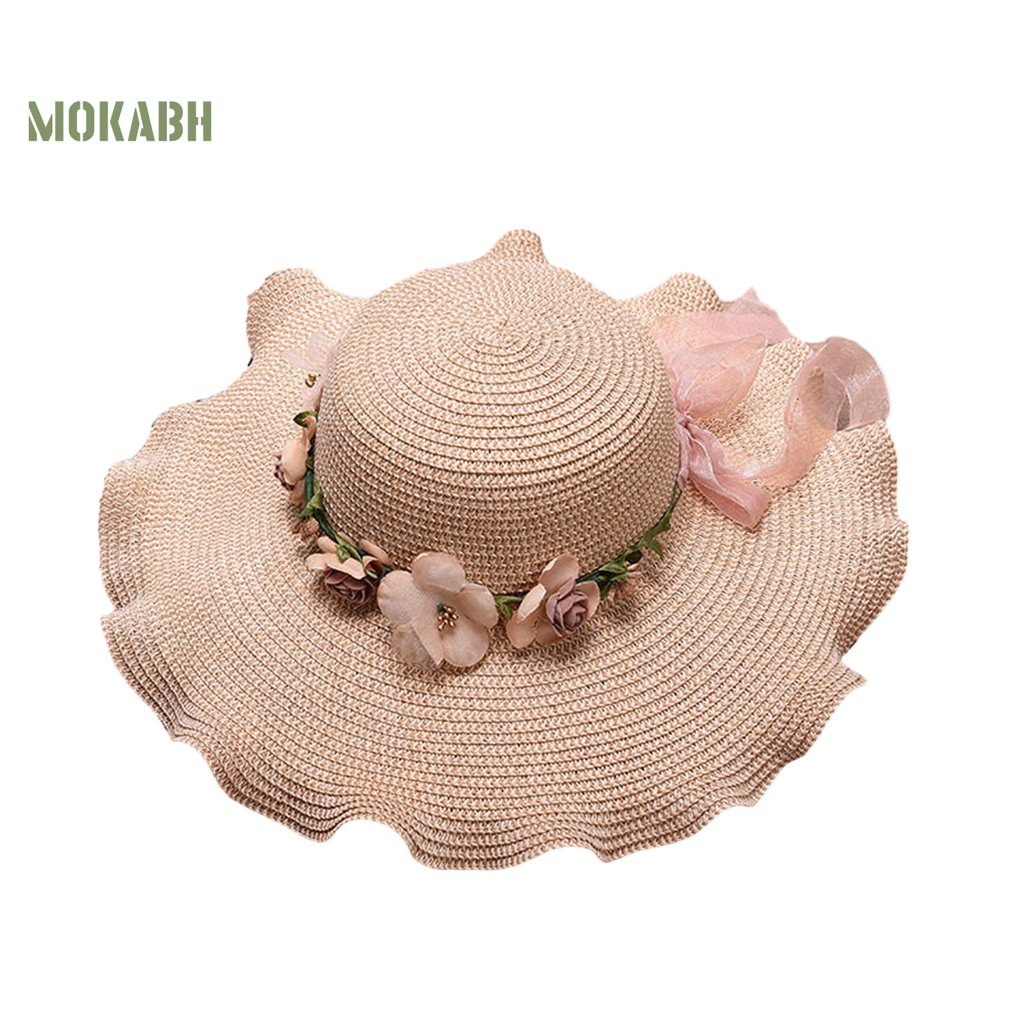 [Mok Abh] Mũ Cói Vành Tròn Thắt Nơ Cỡ Lớn Thấm Hút Mồ Hôi Thời Trang Nữ