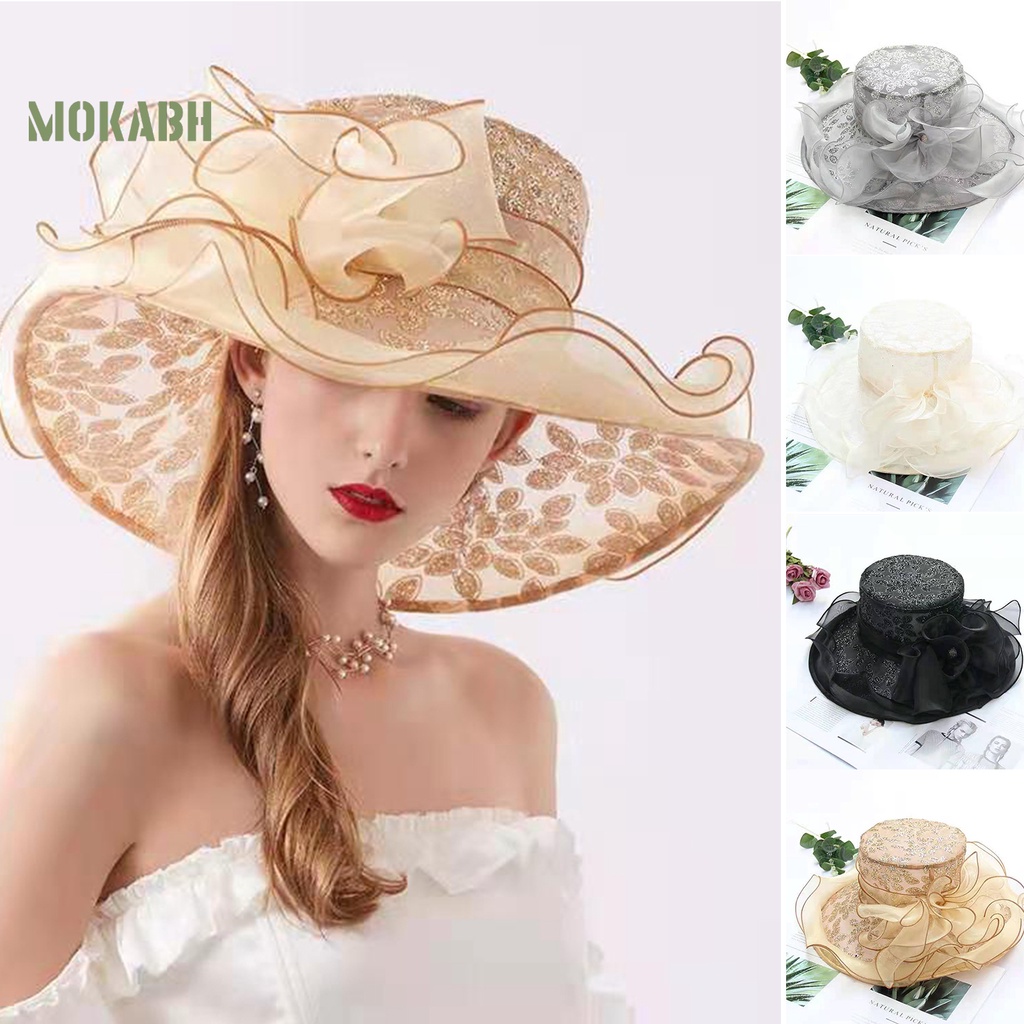 [Mok Abh] Mũ Vải Rộng Vành Đính Hoa Có Thể Gập Lại Được Dùng Cho Tiệc Cưới