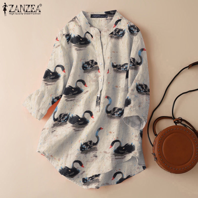ZANZEA Áo Sơ Mi Tay Lỡ 3 / 4 Cổ Tròn Form Rộng Cài Nút Thời Trang Cho Nữ