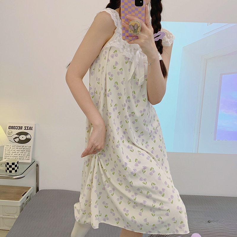 Đầm Ngủ Cotton Dệt Kim Phối Ren Có Đệm Ngực Phong Cách Công Chúa Ngọt Ngào Thời Trang Mùa Hè Kiểu Mới Dành Cho Nữ