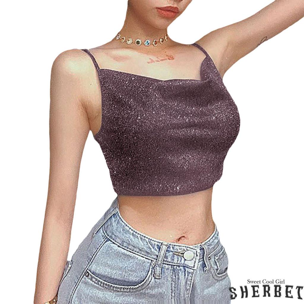 Áo Croptop Hai Dây Cổ Chữ V Khoét Sâu Màu Đen Sáng Bóng LAA8 Thời Trang Mùa Hè Cho Bạn Gái