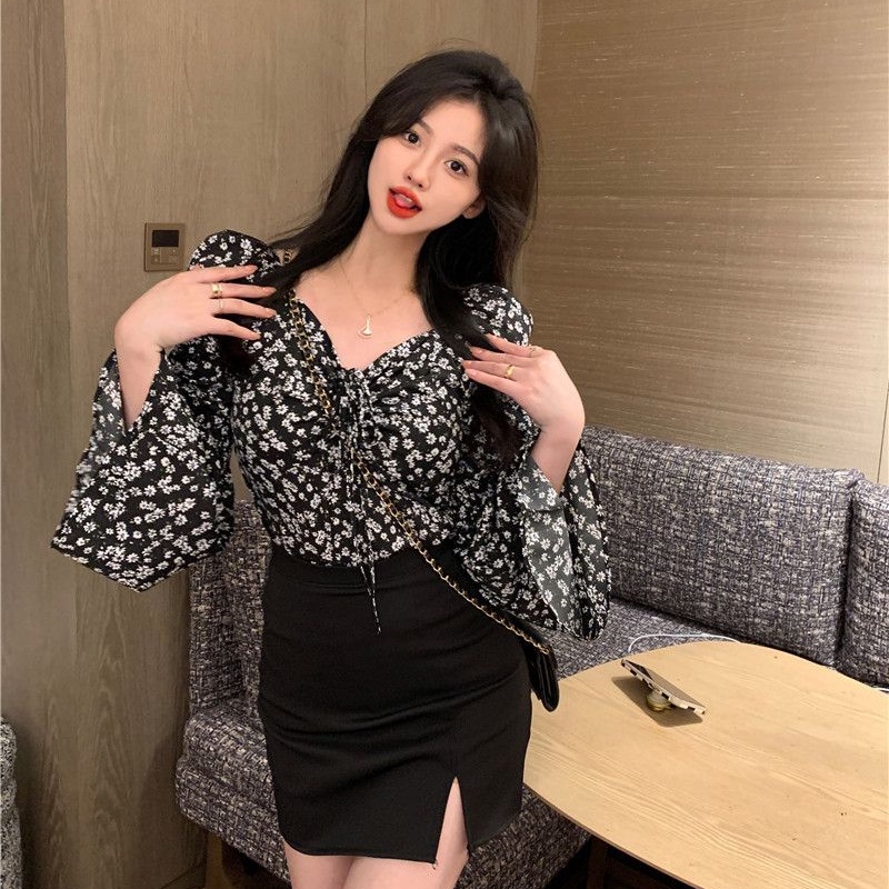 COZOK Áo Kiểu Tay Phồng Cổ Vuông Dáng Ôm In Hoa Thời Trang Quyến Rũ Cho Nữ