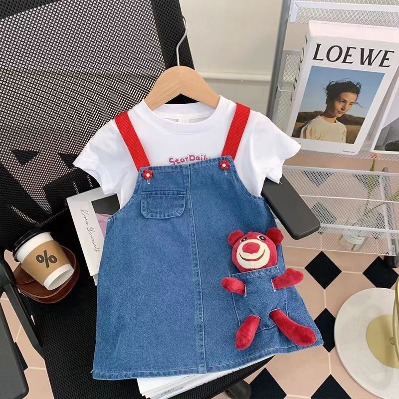 Bộ Áo Thun Tay Ngắn Kèm Váy Yếm denim Thời Trang Mùa Hè 2023 Phong Cách Mới Cho Bé Gái