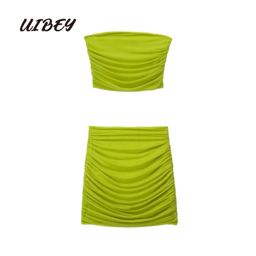 Uibey Set Áo Quấn Ngực Sợi Cứng Trong Suốt + Chân Váy Lửng Dài 8886