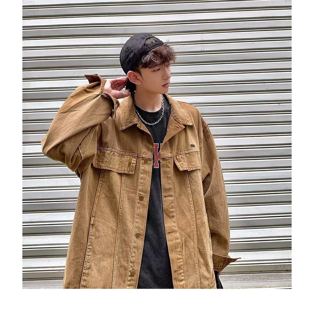 Áo Khoác Denim Dáng Rộng Màu Sắc Cà Phê Phong Cách Retro Đường Phố Cho Nam Giới