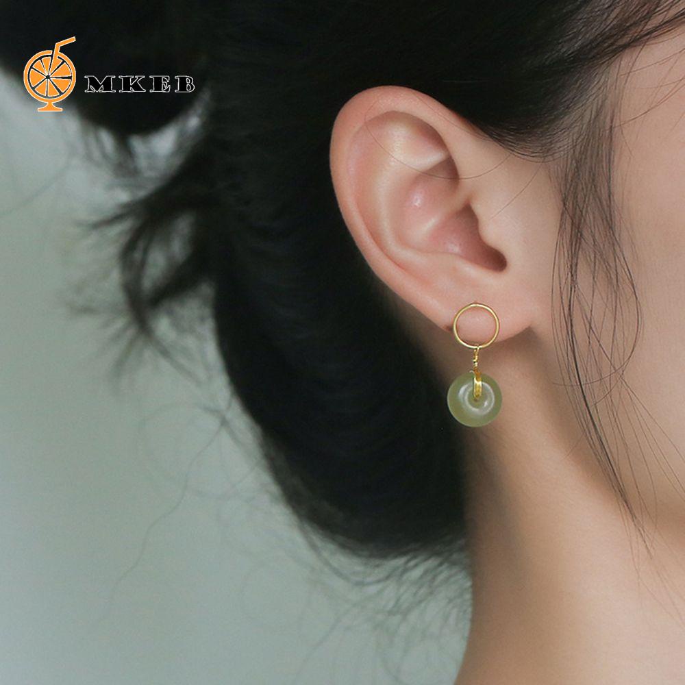 Bông tai MKEB dáng dài mặt tròn màu xanh lá/ trắng thời trang phong cách Hàn Quốc cho nữ