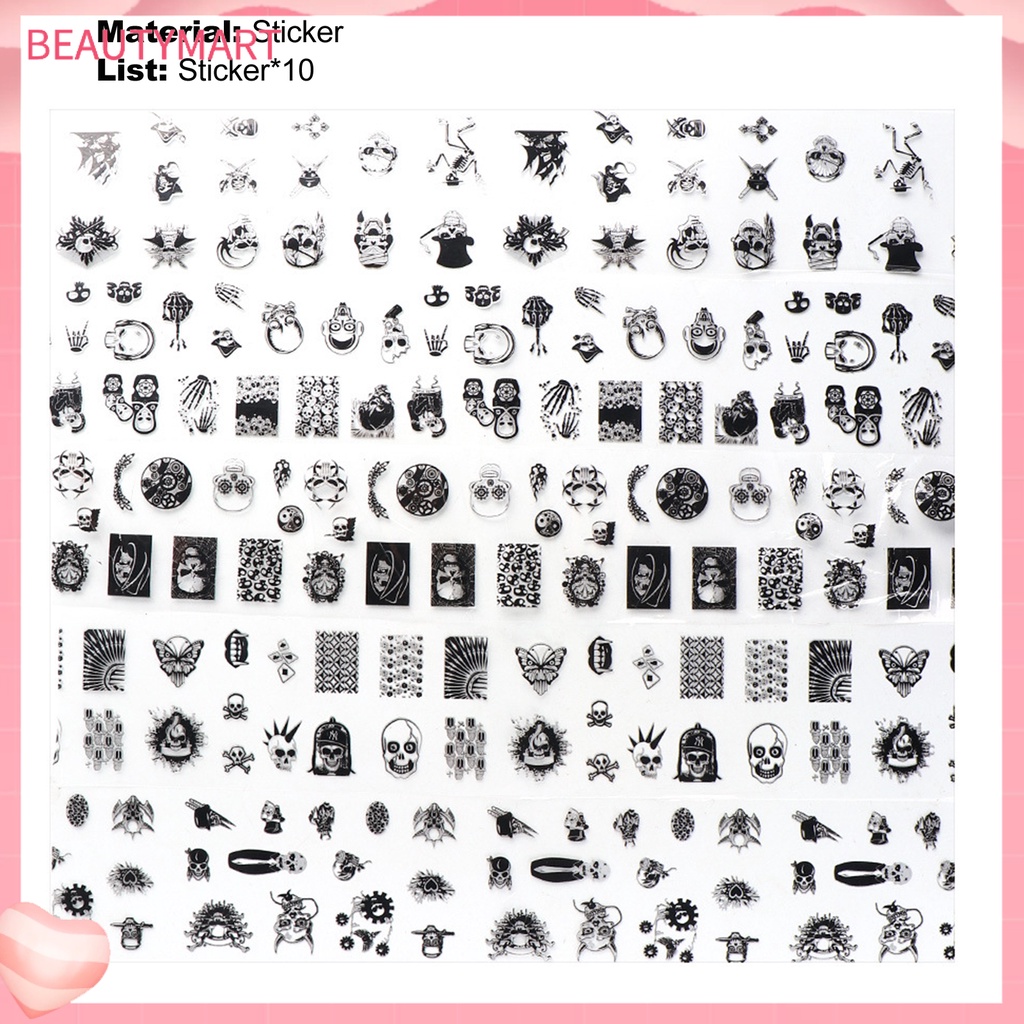 [beautymart] Set 10 Giấy Gói Móng Tay Chuyển Họa Tiết Đầu Lâu Kinh Dị Siêu Mỏng Màu Đen Trang Trí Halloween