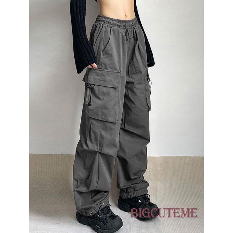 Quần Dài Dáng Suông Lưng Thun Có Túi Phong Cách Đường Phố Cho Nữ