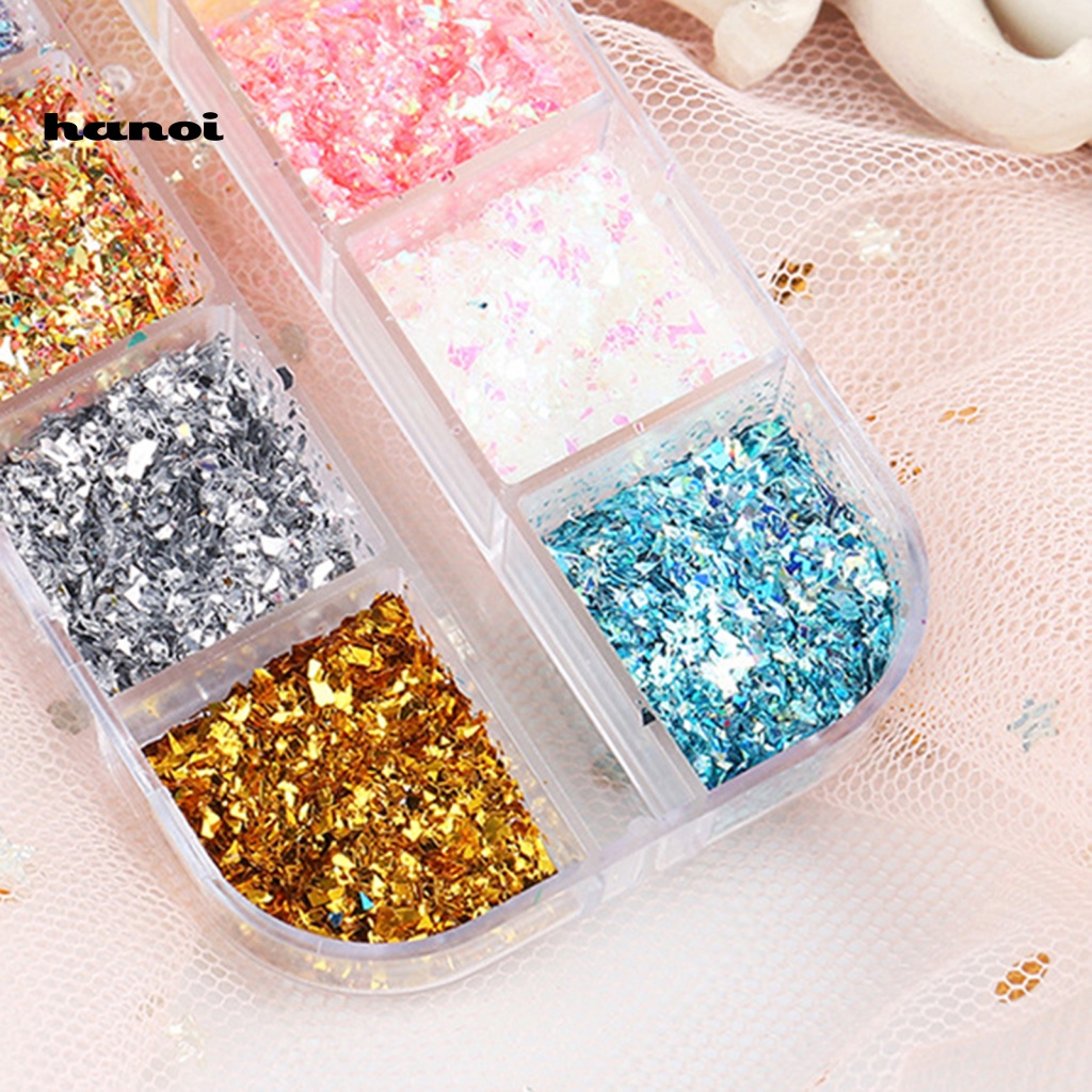 Hộp 12 Ngăn Lá Vàng / Bạc Lấp Lánh Trang Trí Móng Tay DIY