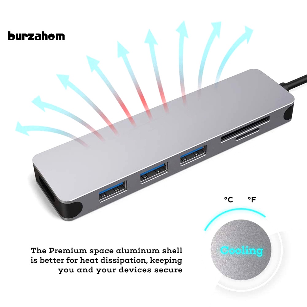 Đầu Chuyển Đổi 6 Trong 1 Type C Sang HDMI 4K 3 Cổng USB Cho Thẻ Micro-SD