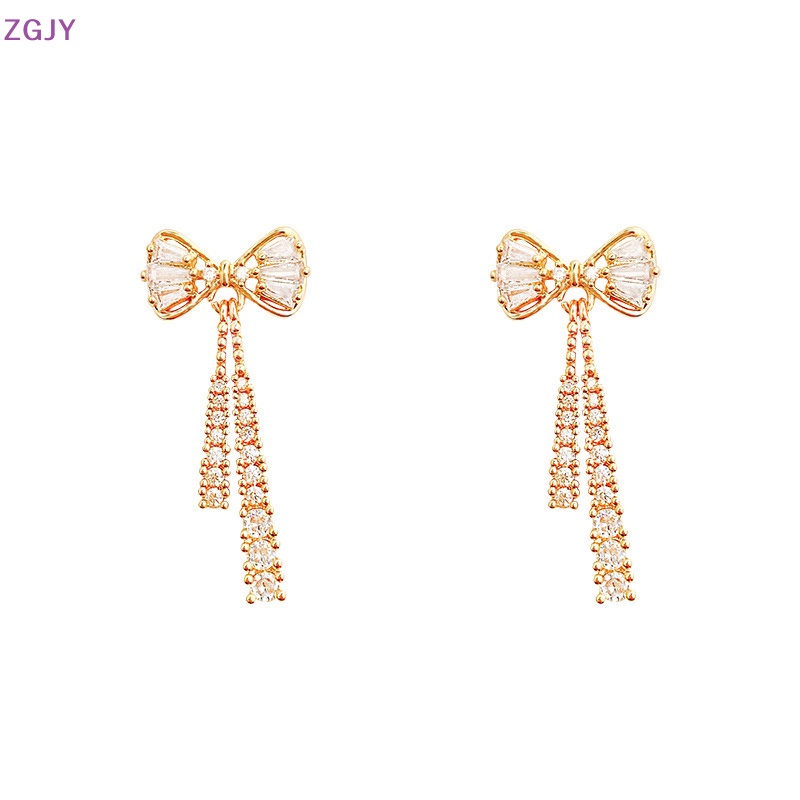 Đôi Khuyên Tai Dáng Dài Trang Trí Nơ Đính Đá Xinh Xắn Mới