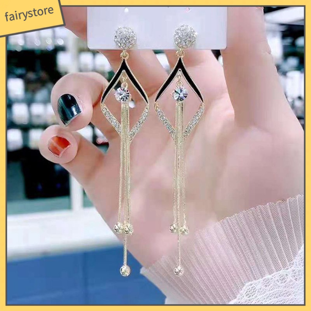 1 Đôi Bông Tai Dáng Dài Đính Đá Phối Tua Rua Thời Trang Cho Nữ