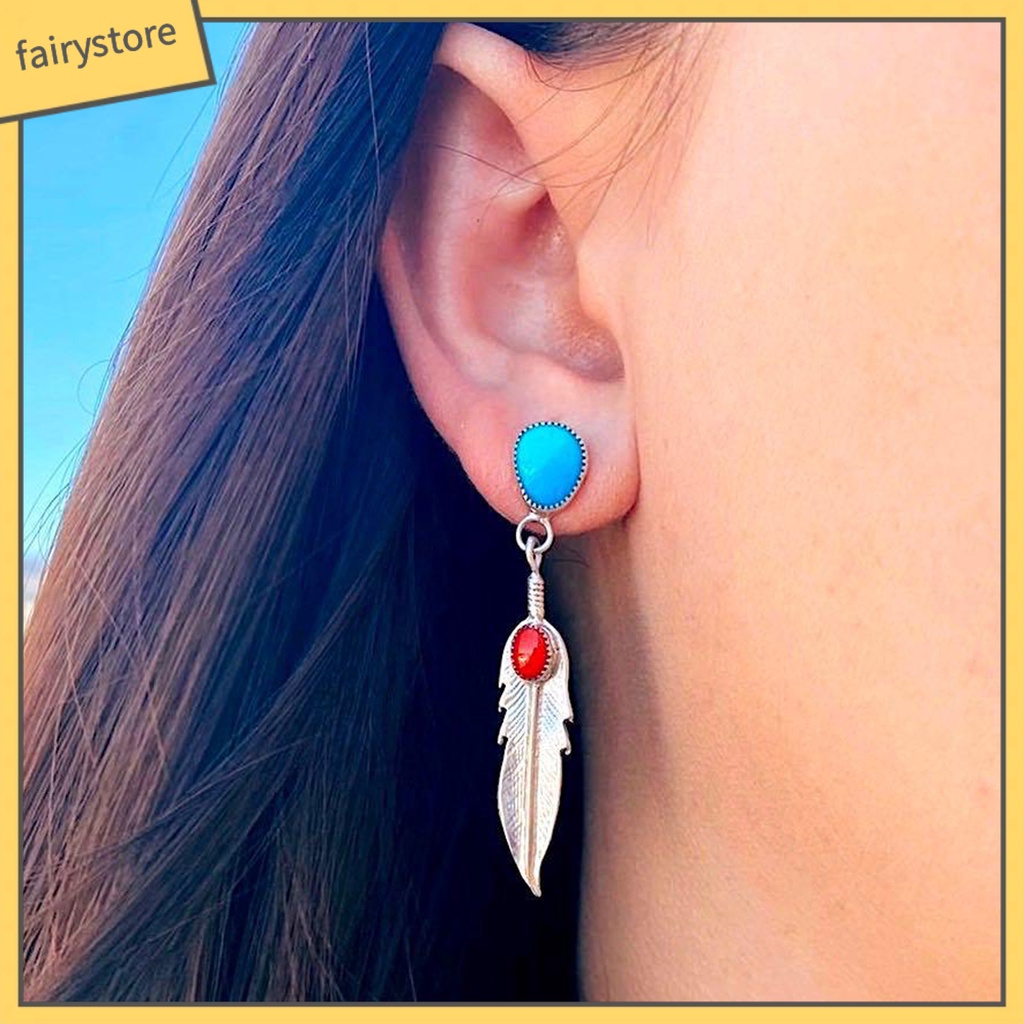 1 Đôi Bông Tai Dáng Dài Hình Lông Vũ Đính Đá Ngọc Lam Giả Thanh Lịch