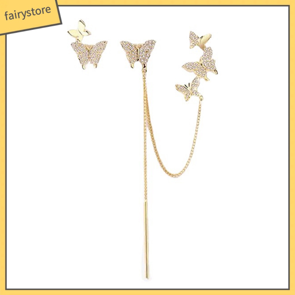 Bông Tai Dạng Kẹp Hình Bướm Không Đối Xứng Phối Tua Rua Thời Trang Cho Nữ