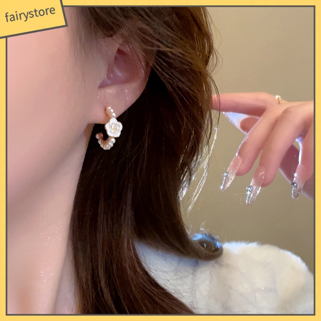 [FRO] 1 Đôi Bông Tai Tròn Đính Hoa Trà Phong Cách Pháp Thanh Lịch Không Phai Màu Trang Trí Ngọc Trai Giả