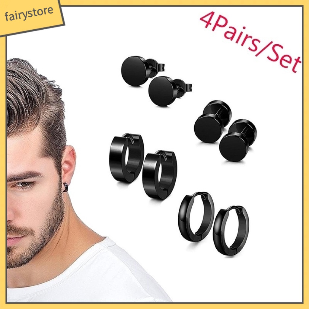 Set 4 Đôi Bông Tai Hình Quả Tạ Bằng Thép Không Gỉ Dành Cho Nam