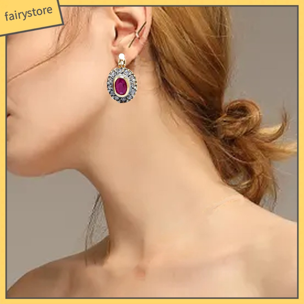 1 Đôi Bông Tai Đính Đá Zircon Đỏ Hình Oval Bằng Hợp Kim Dành Cho Nữ