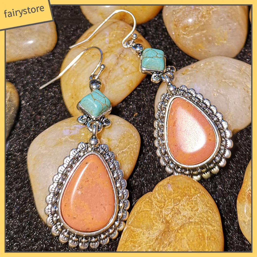 Bông Tai Hình Giọt Nước Đính Đá Ngọc Lam Giả Phong Cách Vintage Dành Cho Nữ